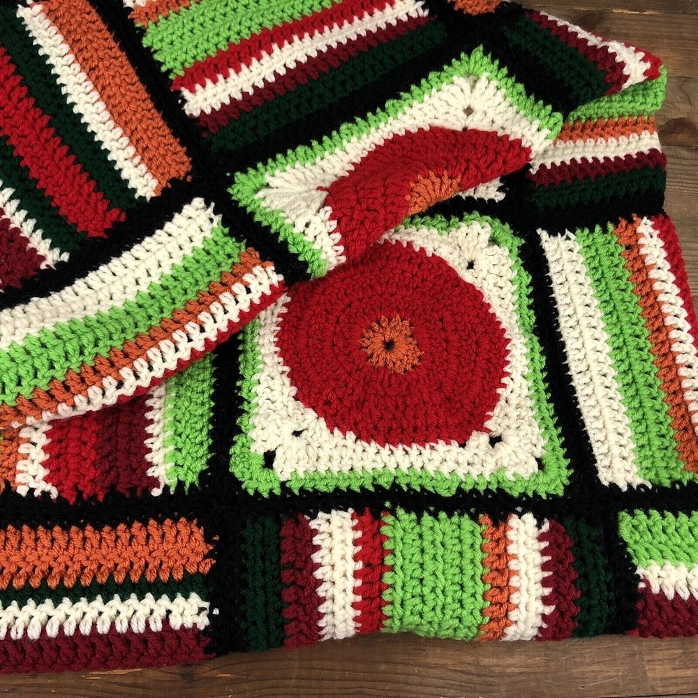 Crocheted Afghan Throw Blanket 43" x 43" Dark Colors VTG Handmade Quilt